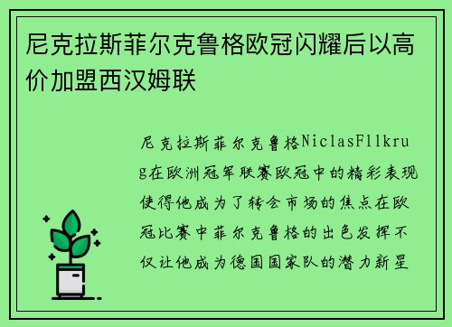尼克拉斯菲尔克鲁格欧冠闪耀后以高价加盟西汉姆联